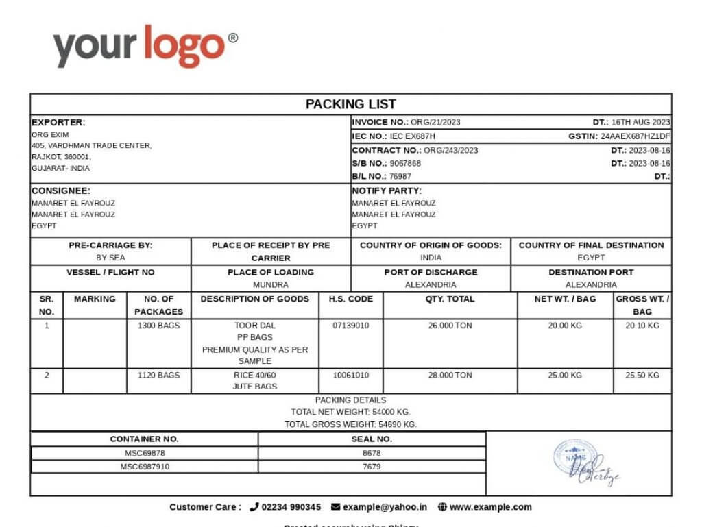 Contoh packing list pengiriman tas lintas negara