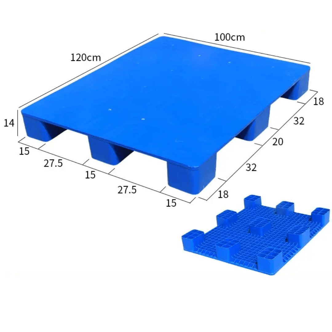 Pallet plastik biru ukuran 120x120 cm 4 way entry